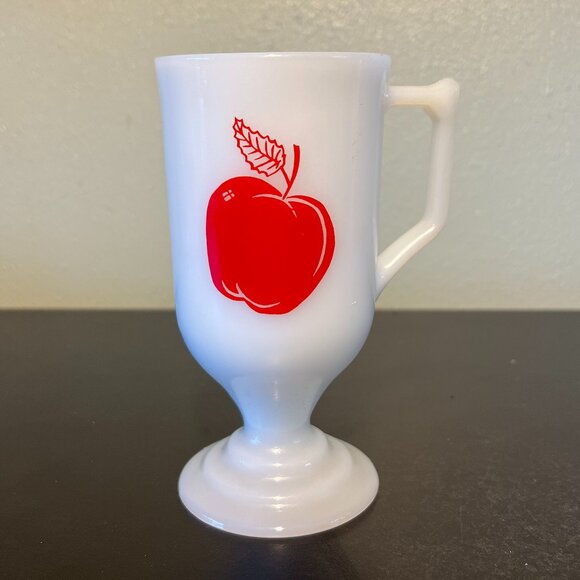 Vintage MILK GLASS Tiered Pedestal Footed Cup Mug with Bright Red Apple - Picture 1 of 8